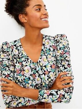 Loft Dark Moody Floral Shirred Puff Sleeve V-Neck Long Sleeve Shirt